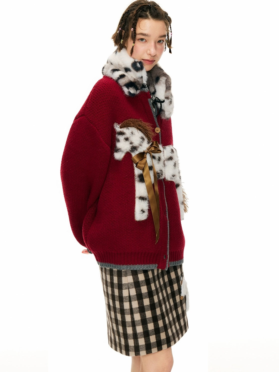 OuttheBlue Cozy Acrylic Wool Blend Office Cardigan Women Anime Print Burgundy Sweater