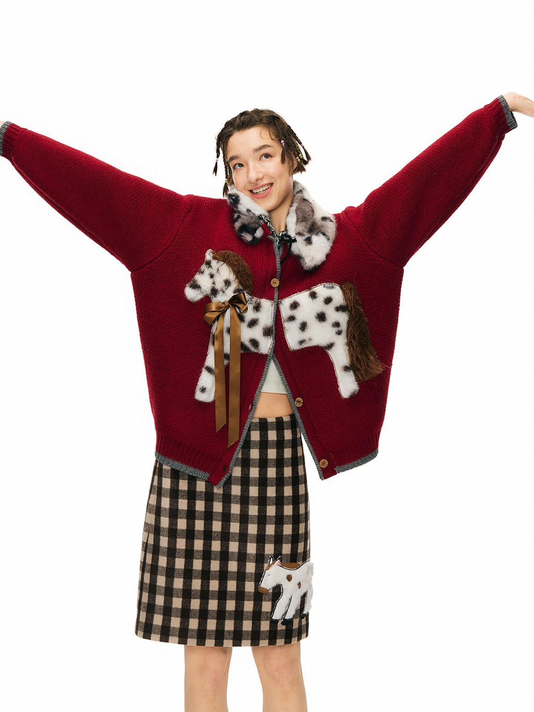 OuttheBlue Cozy Acrylic Wool Cartoon Burgundy Commuter Long Sleeve Single Button Cardigans