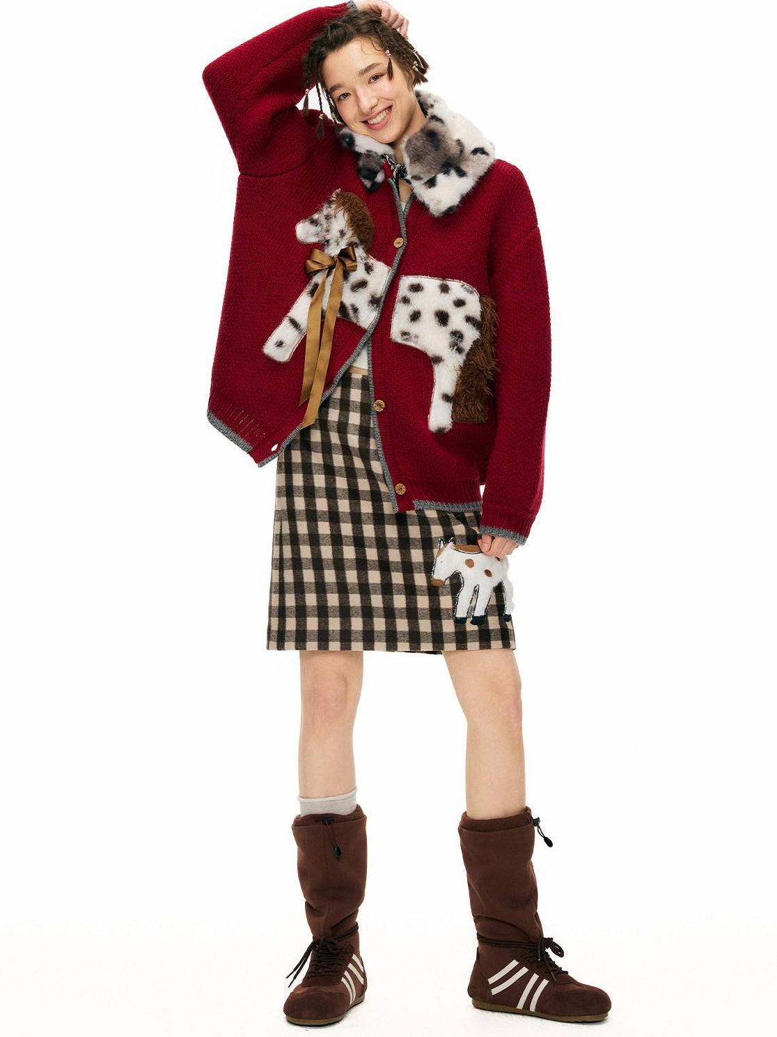 OuttheBlue Cozy Acrylic Wool Cartoon Burgundy Commuter Long Sleeve Single Button Cardigans