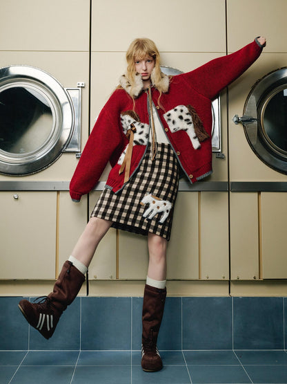 OuttheBlue Cozy Acrylic Wool Cartoon Burgundy Commuter Long Sleeve Single Button Cardigans