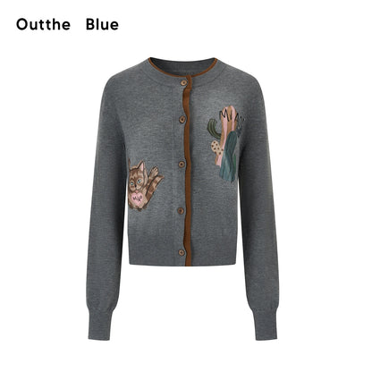OuttheBlue Cozy Buttoned Gray Cardigan Two Piece Crewneck Long Sleeve Top &amp; Skirt Sets