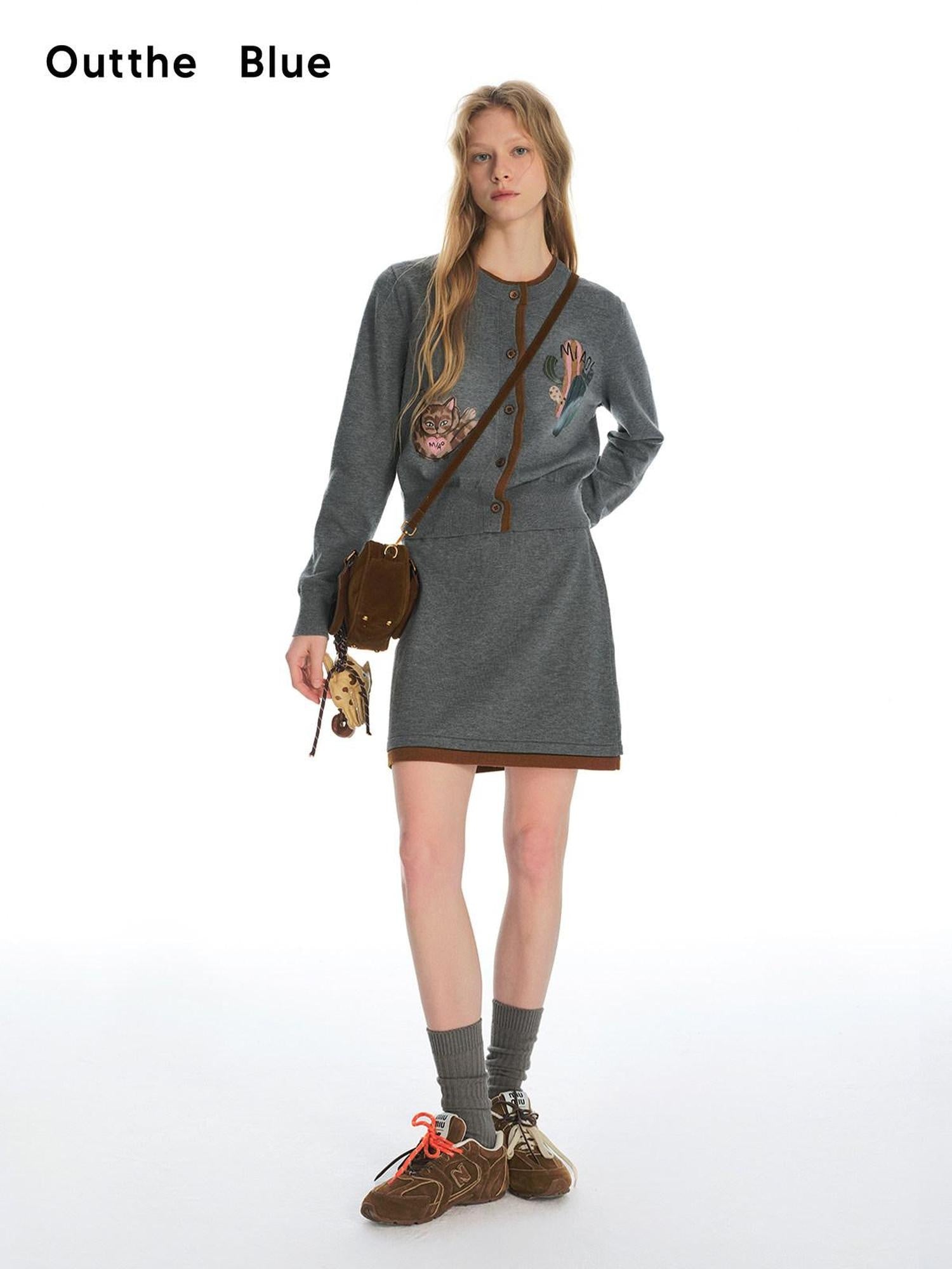 OuttheBlue Cozy Buttoned Gray Cardigan Two Piece Crewneck Long Sleeve Top &amp; Skirt Sets