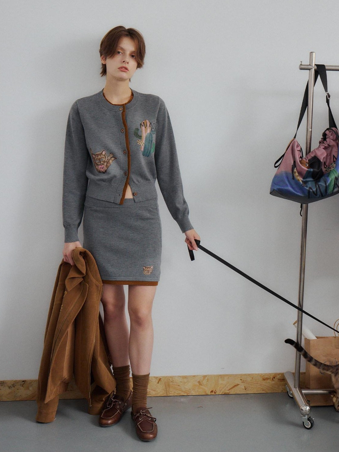 OuttheBlue Cozy Buttoned Gray Cardigan Two Piece Crewneck Long Sleeve Top &amp; Skirt Sets