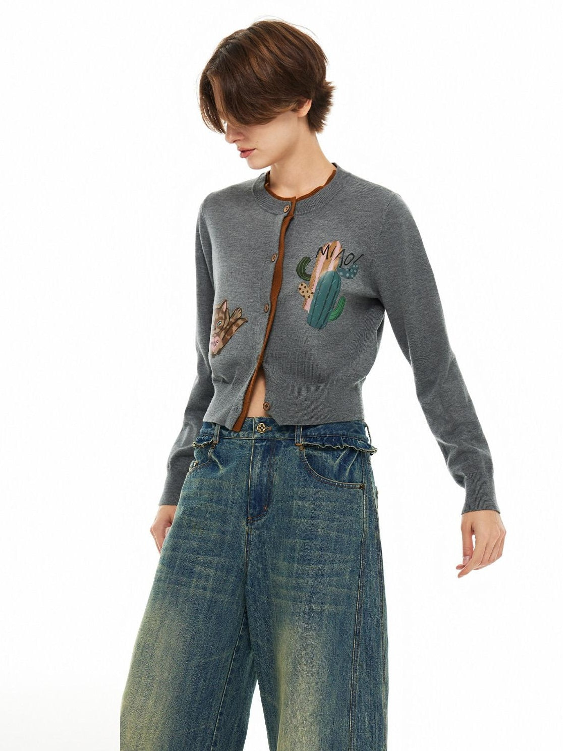 OuttheBlue Cozy Buttoned Gray Cardigan Two Piece Crewneck Long Sleeve Top &amp; Skirt Sets