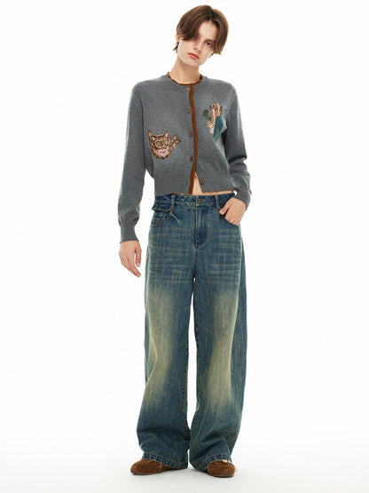 OuttheBlue Cozy Buttoned Gray Cardigan Two Piece Crewneck Long Sleeve Top &amp; Skirt Sets