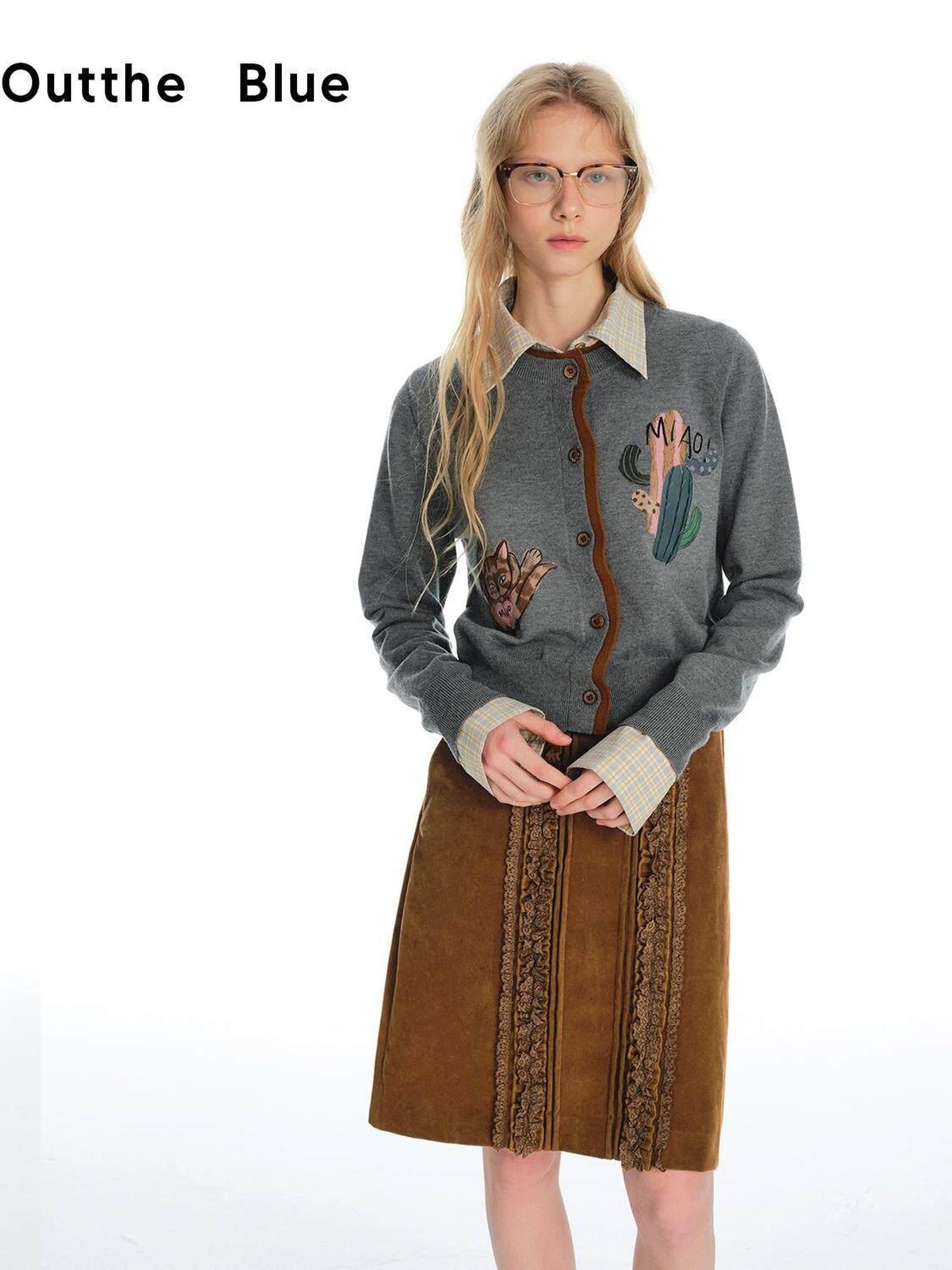 OuttheBlue Cozy Buttoned Gray Cardigan Two Piece Crewneck Long Sleeve Top &amp; Skirt Sets