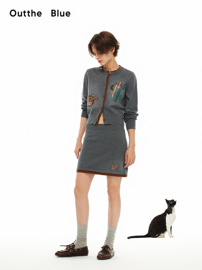 OuttheBlue Cozy Buttoned Gray Cardigan Two Piece Crewneck Long Sleeve Top &amp; Skirt Sets