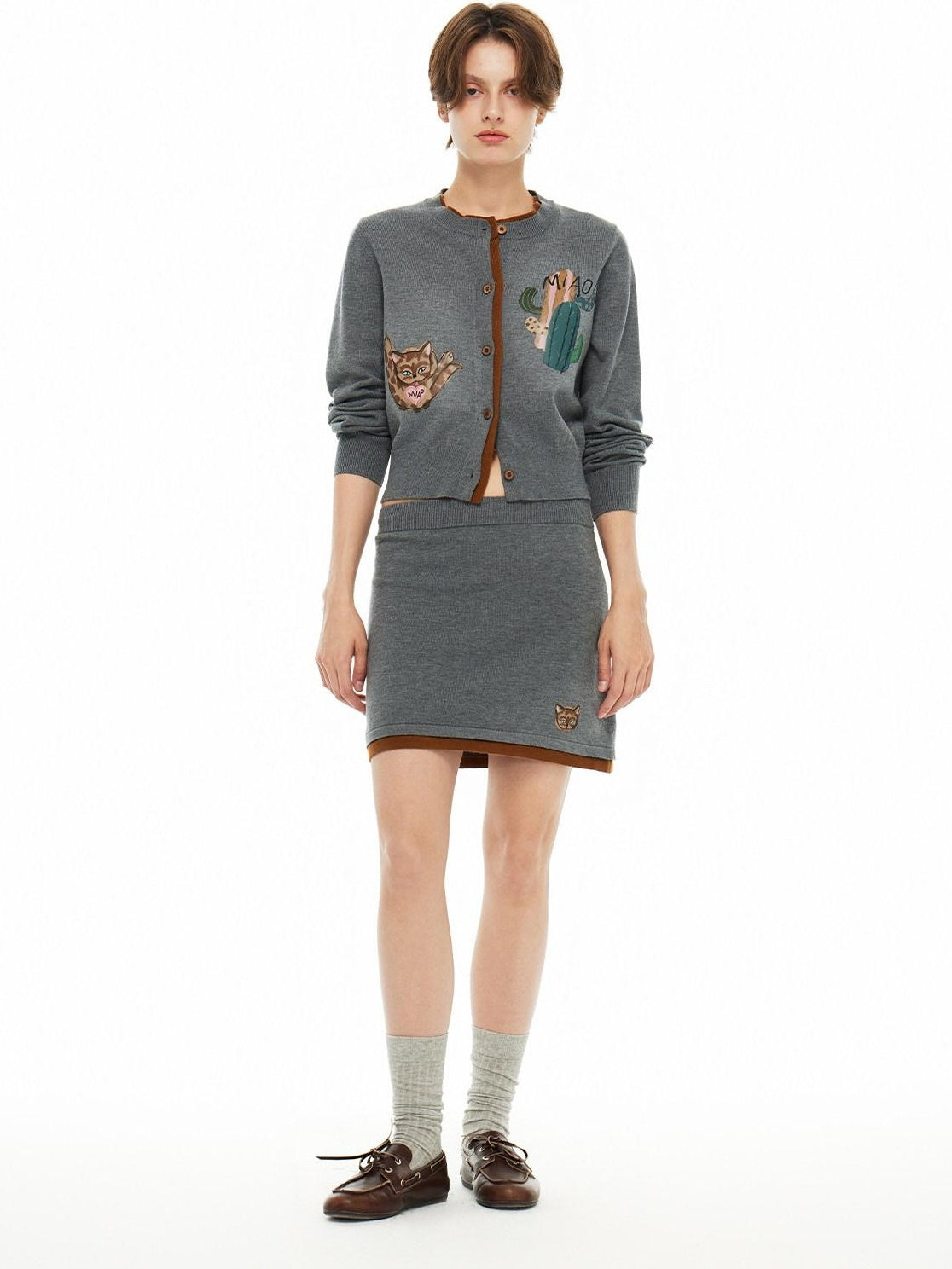 OuttheBlue Cozy Buttoned Gray Cardigan Two Piece Crewneck Long Sleeve Top &amp; Skirt Sets