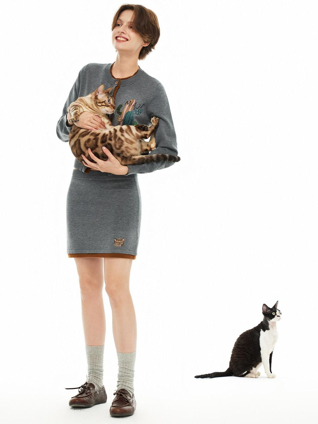 OuttheBlue Cozy Buttoned Gray Cardigan Two Piece Crewneck Long Sleeve Top &amp; Skirt Sets