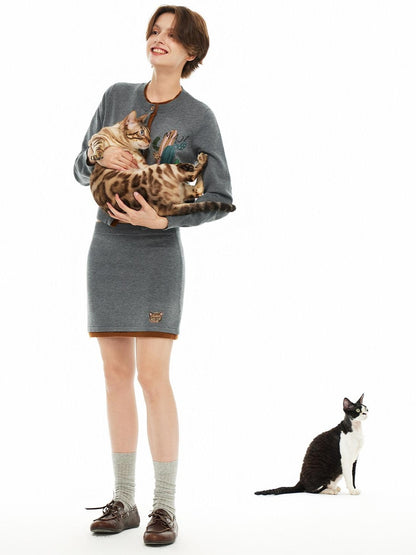OuttheBlue Cozy Buttoned Gray Cardigan Two Piece Crewneck Long Sleeve Top &amp; Skirt Sets