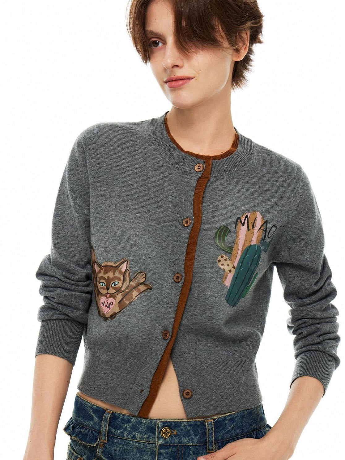 OuttheBlue Cozy Buttoned Gray Cardigan Two Piece Crewneck Long Sleeve Top &amp; Skirt Sets