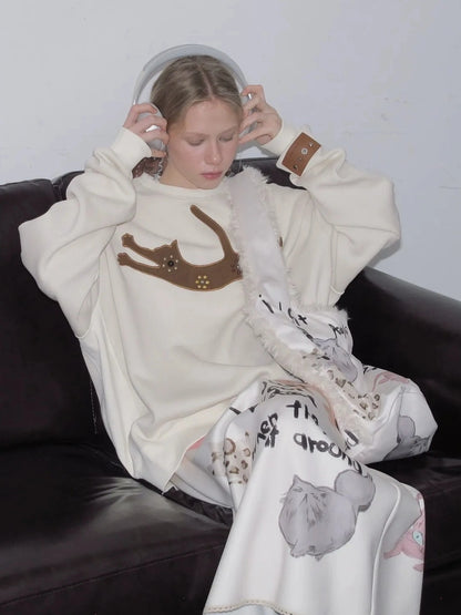 OuttheBlue Cozy Cat Floral Embroidered Sweatshirt