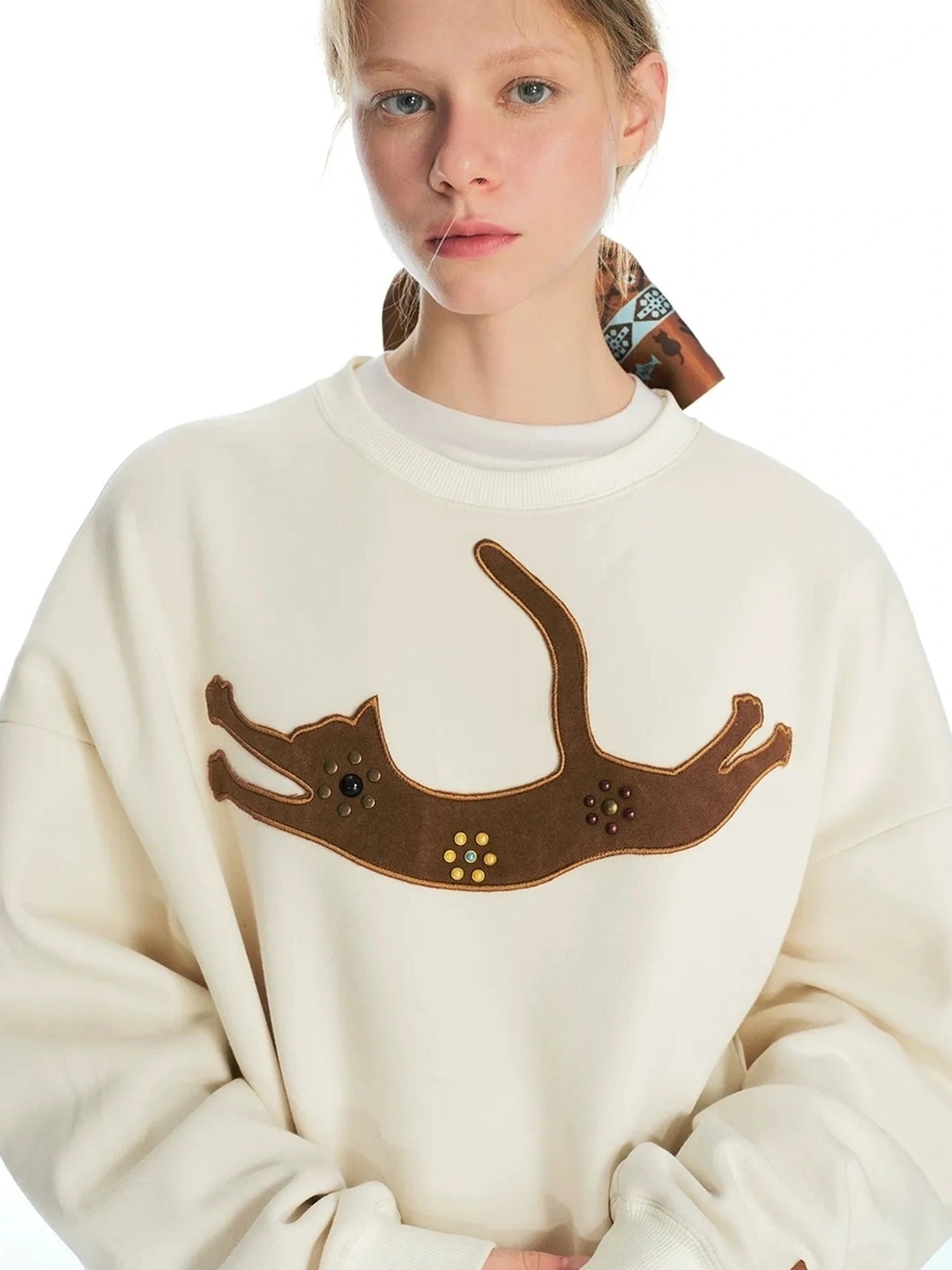 OuttheBlue Cozy Cat Floral Embroidered Sweatshirt