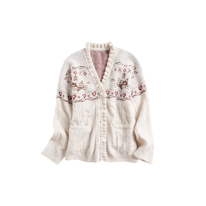 OuttheBlue Cozy Embroidered Animal Floral Loose V-neck Women Commuter Knit Cardigans