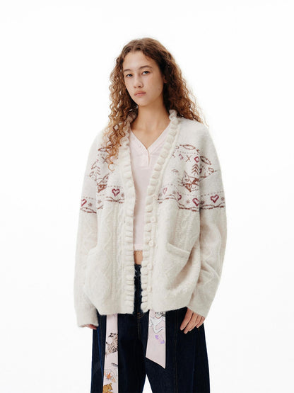 OuttheBlue Cozy Embroidered Animal Floral Loose V-neck Women Commuter Knit Cardigans