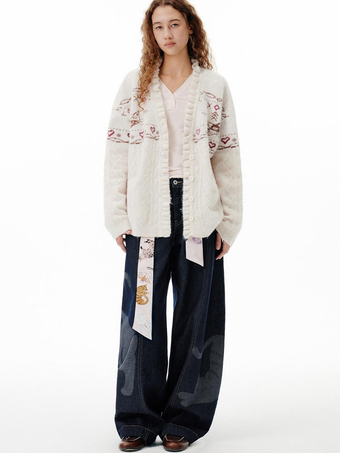 OuttheBlue Cozy Embroidered Animal Floral Loose V-neck Women Commuter Knit Cardigans