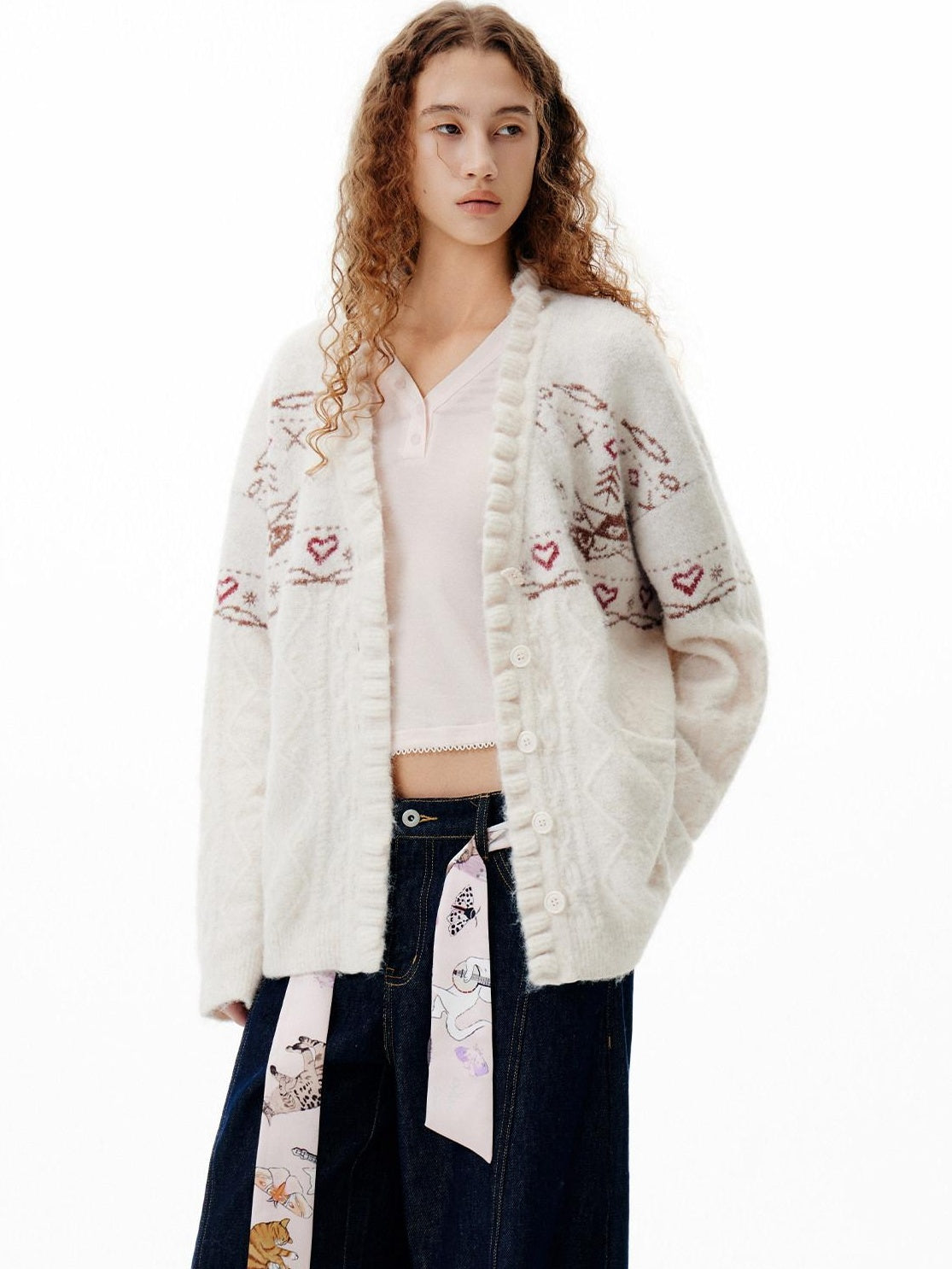 OuttheBlue Cozy Embroidered Animal Floral Loose V-neck Women Commuter Knit Cardigans
