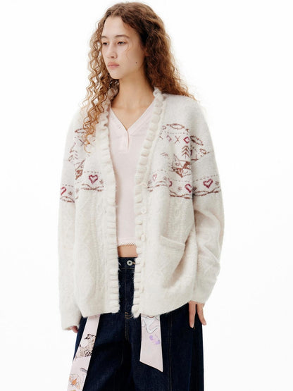 OuttheBlue Cozy Embroidered Animal Floral Loose V-neck Women Commuter Knit Cardigans