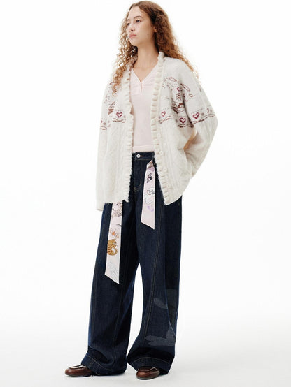 OuttheBlue Cozy Embroidered Animal Floral Loose V-neck Women Commuter Knit Cardigans