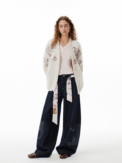 OuttheBlue Cozy Embroidered Animal Floral Loose V-neck Women Commuter Knit Cardigans