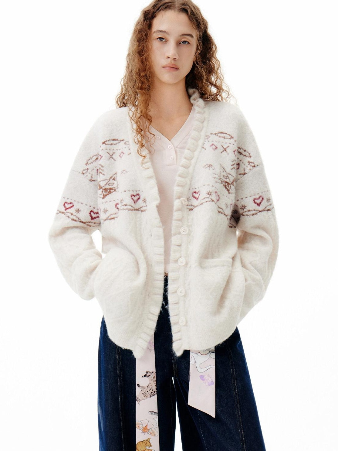OuttheBlue Cozy Embroidered Animal Floral Loose V-neck Women Commuter Knit Cardigans
