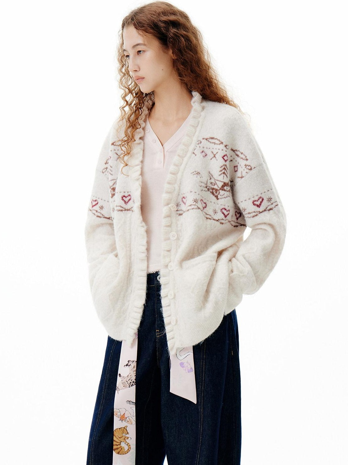 OuttheBlue Cozy Embroidered Animal Floral Loose V-neck Women Commuter Knit Cardigans
