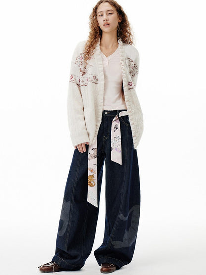 OuttheBlue Cozy Embroidered Animal Floral Loose V-neck Women Commuter Knit Cardigans