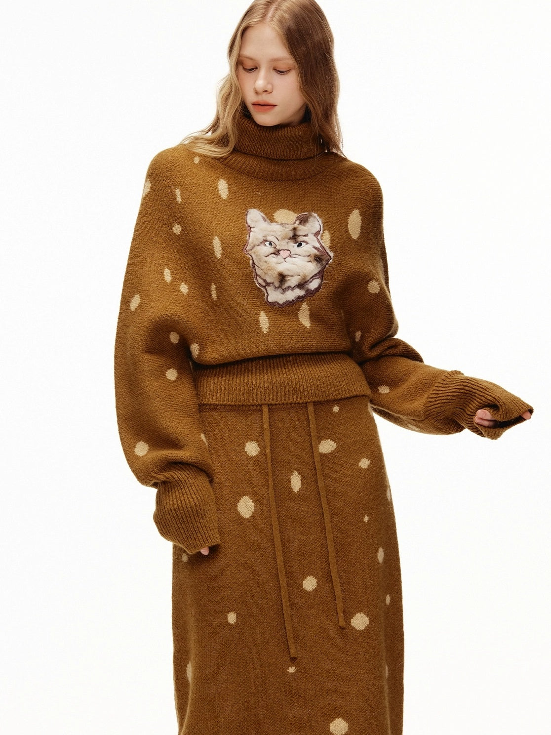 OuttheBlue Cozy High Neck Waist Cinch Casual Travel Printed Animal Two Piece Women Sweater