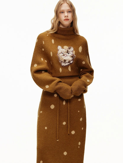 OuttheBlue Cozy High Neck Waist Cinch Casual Travel Printed Animal Two Piece Women Sweater