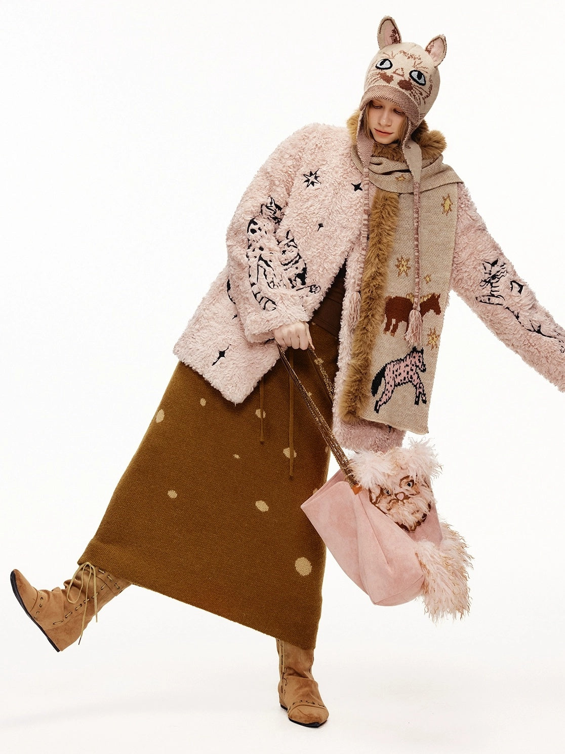 OuttheBlue Cozy High Neck Waist Cinch Casual Travel Printed Animal Two Piece Women Sweater