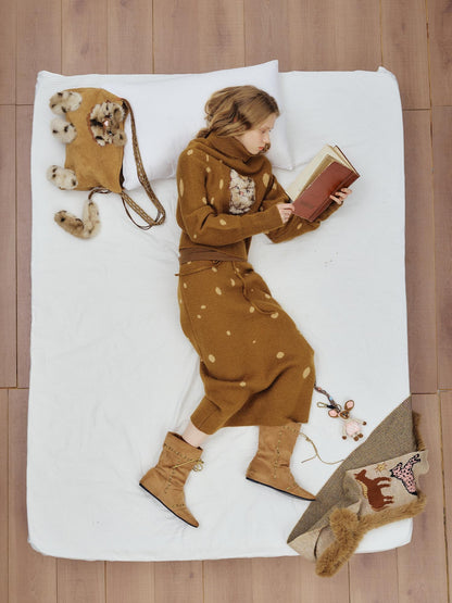 OuttheBlue Cozy High Neck Waist Cinch Casual Travel Printed Animal Two Piece Women Sweater