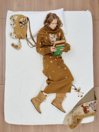 OuttheBlue Cozy High Neck Waist Cinch Casual Travel Printed Animal Two Piece Women Sweater