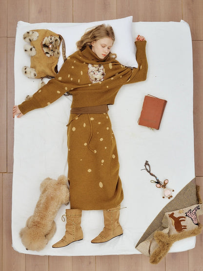 OuttheBlue Cozy High Neck Waist Cinch Casual Travel Printed Animal Two Piece Women Sweater