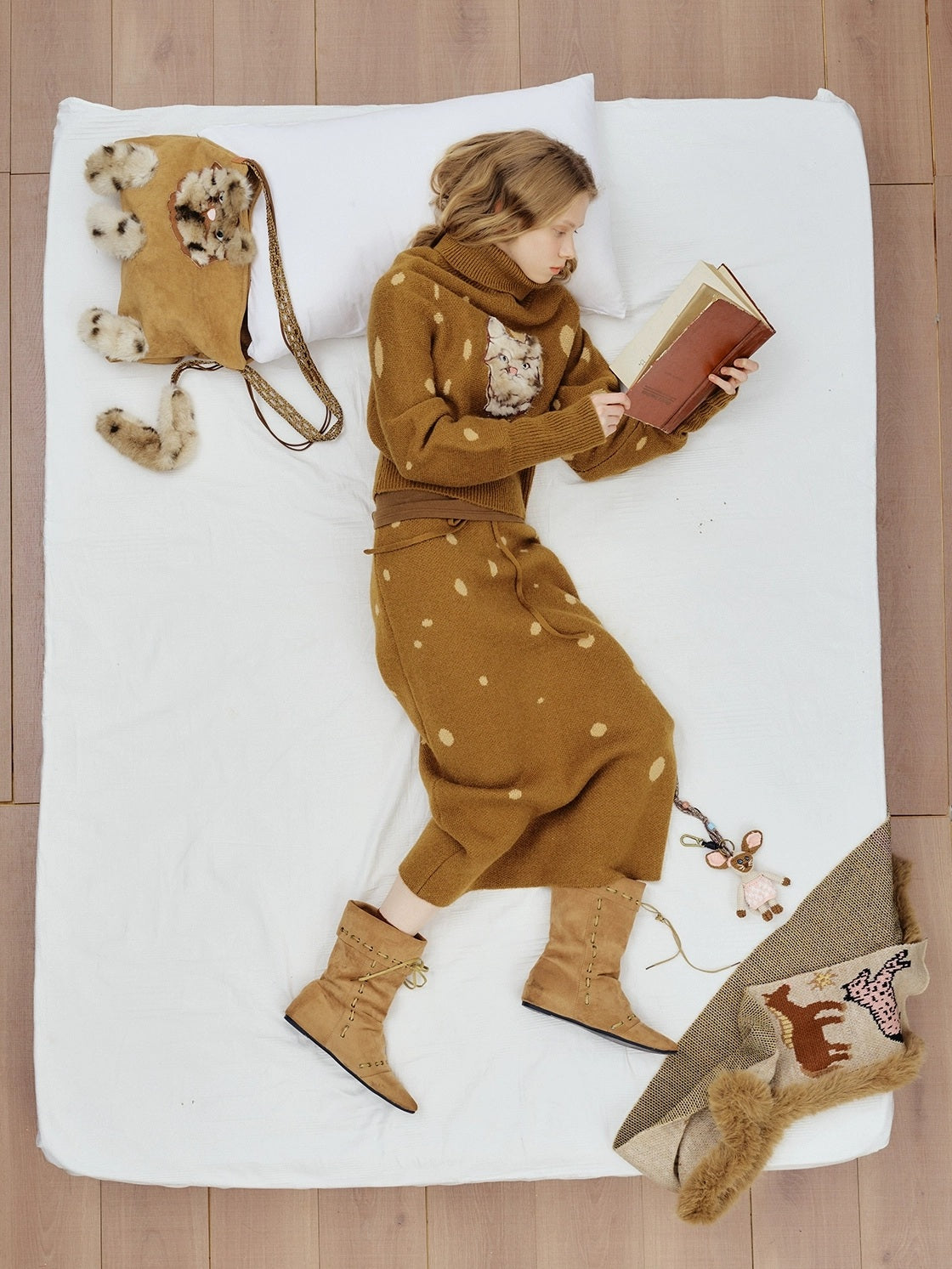 OuttheBlue Cozy High Neck Waist Cinch Casual Travel Printed Animal Two Piece Women Sweater