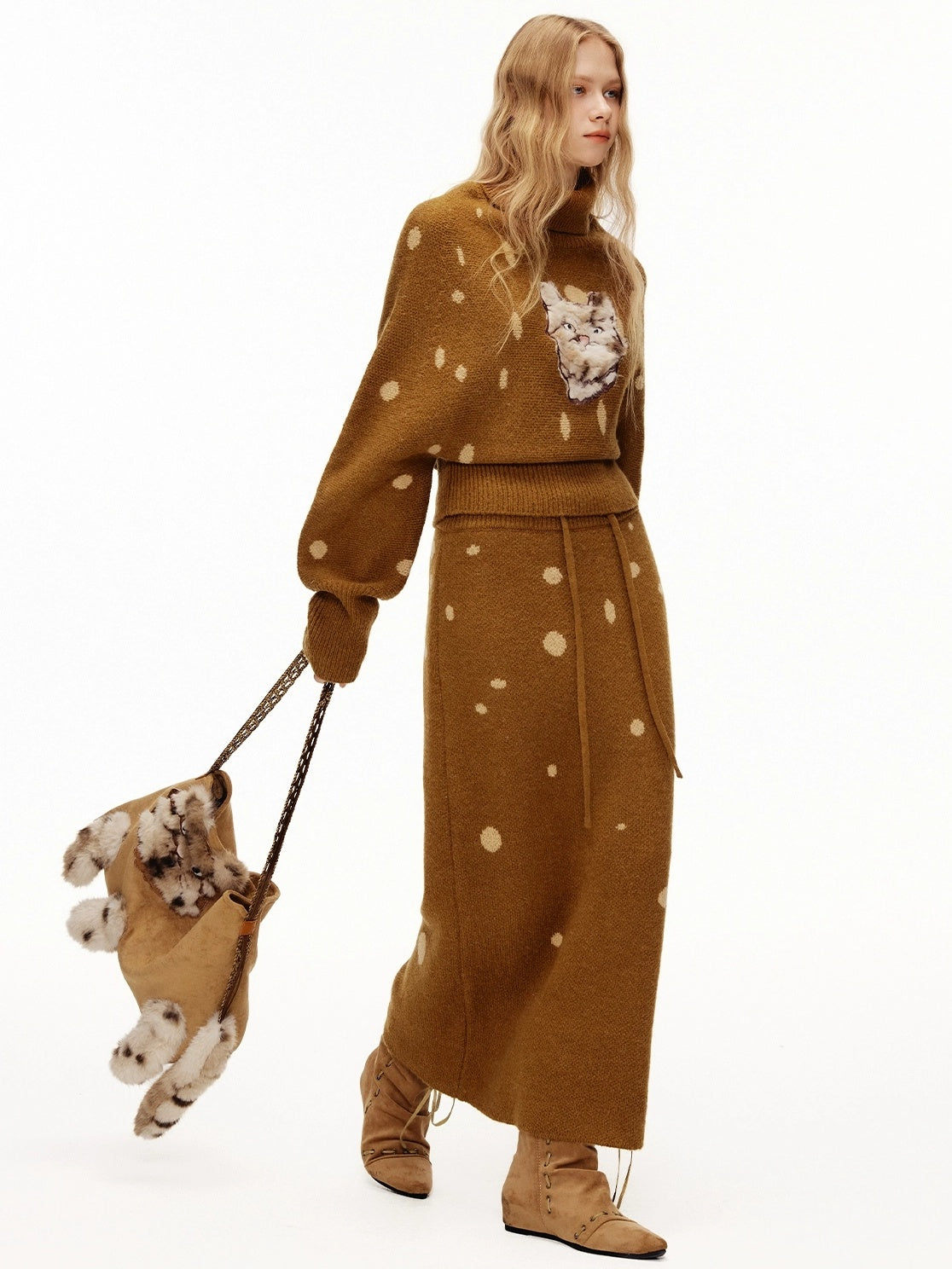 OuttheBlue Cozy High Neck Waist Cinch Casual Travel Printed Animal Two Piece Women Sweater