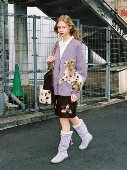 OuttheBlue Cozy Thick Embroidered Casual Loose Cardigan Taro Purple Wool Blend Sweater