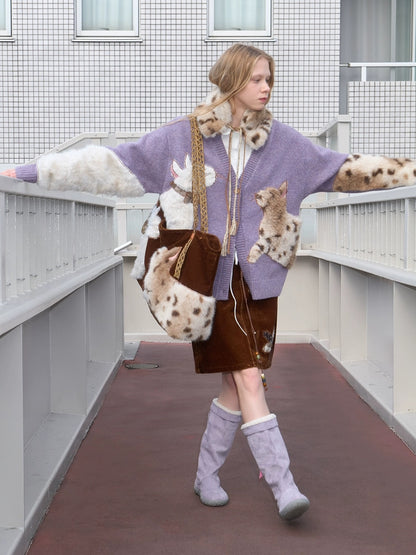 OuttheBlue Cozy Thick Embroidered Casual Loose Cardigan Taro Purple Wool Blend Sweater