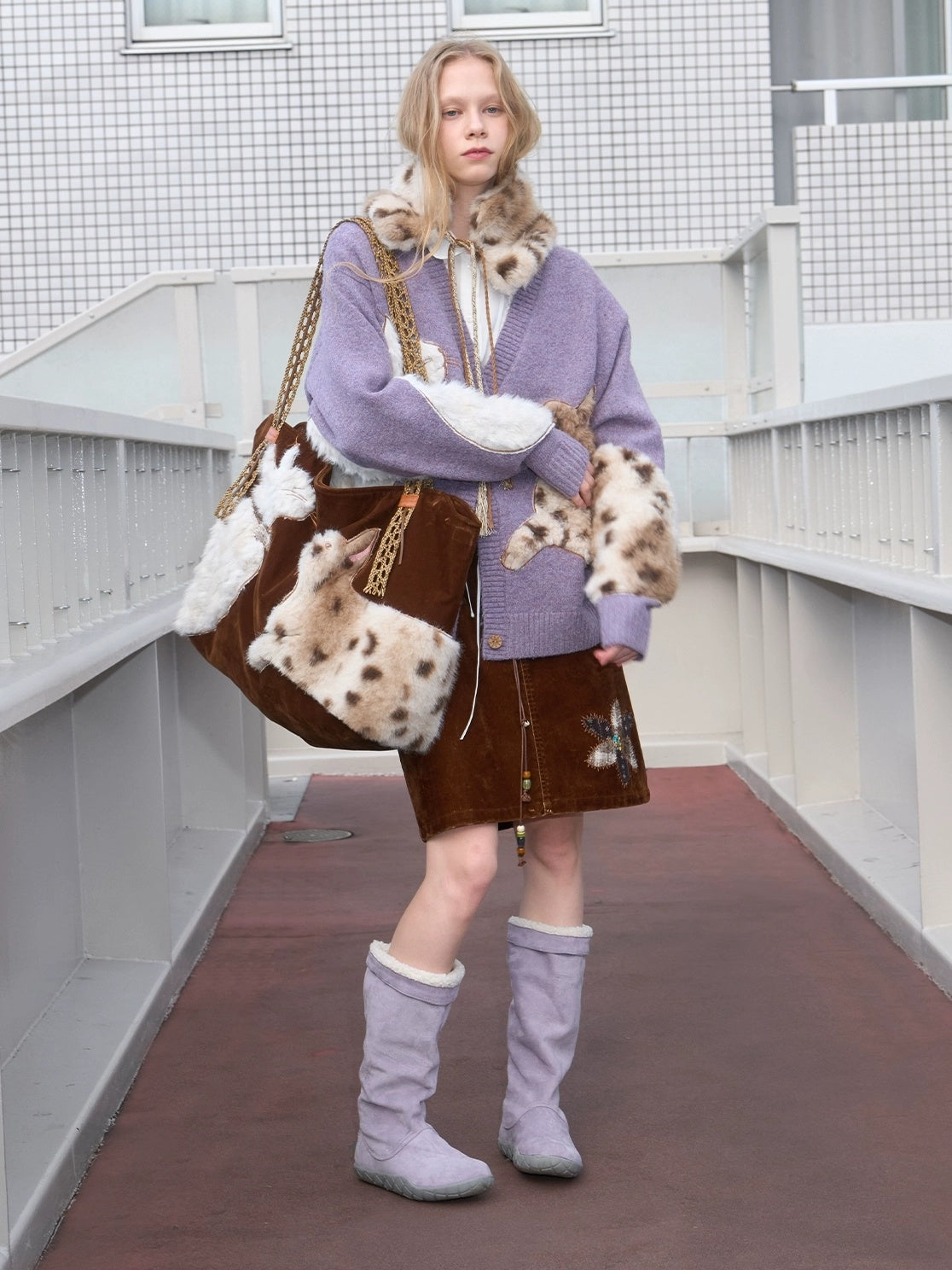 OuttheBlue Cozy Thick Embroidered Casual Loose Cardigan Taro Purple Wool Blend Sweater