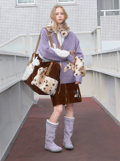 OuttheBlue Cozy Thick Embroidered Casual Loose Cardigan Taro Purple Wool Blend Sweater