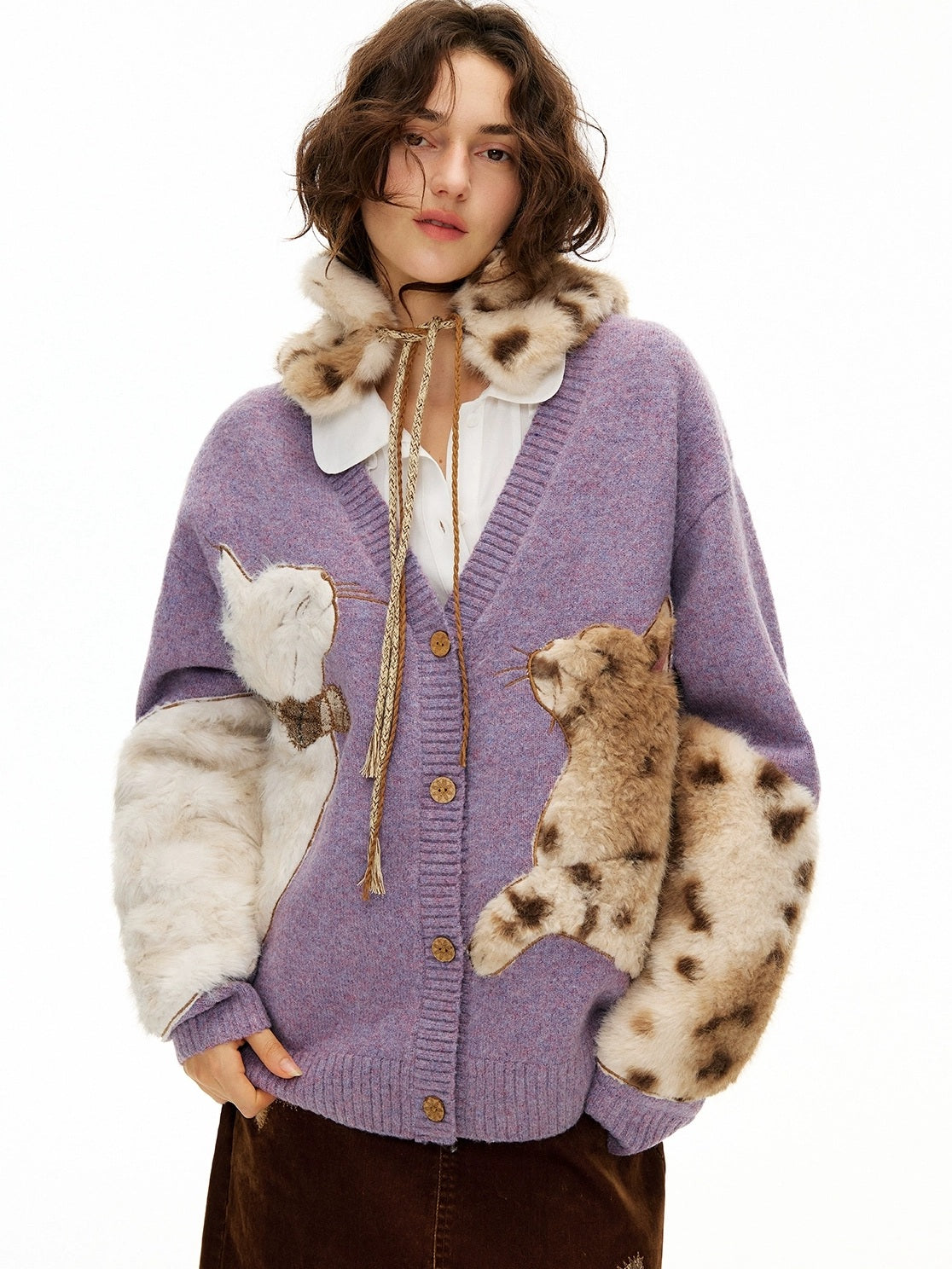 OuttheBlue Cozy Thick Embroidered Casual Loose Cardigan Taro Purple Wool Blend Sweater