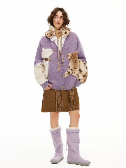 OuttheBlue Cozy Thick Embroidered Casual Loose Cardigan Taro Purple Wool Blend Sweater