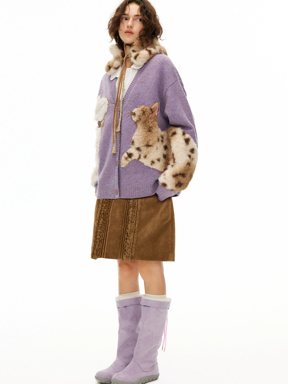 OuttheBlue Cozy Thick Embroidered Casual Loose Cardigan Taro Purple Wool Blend Sweater