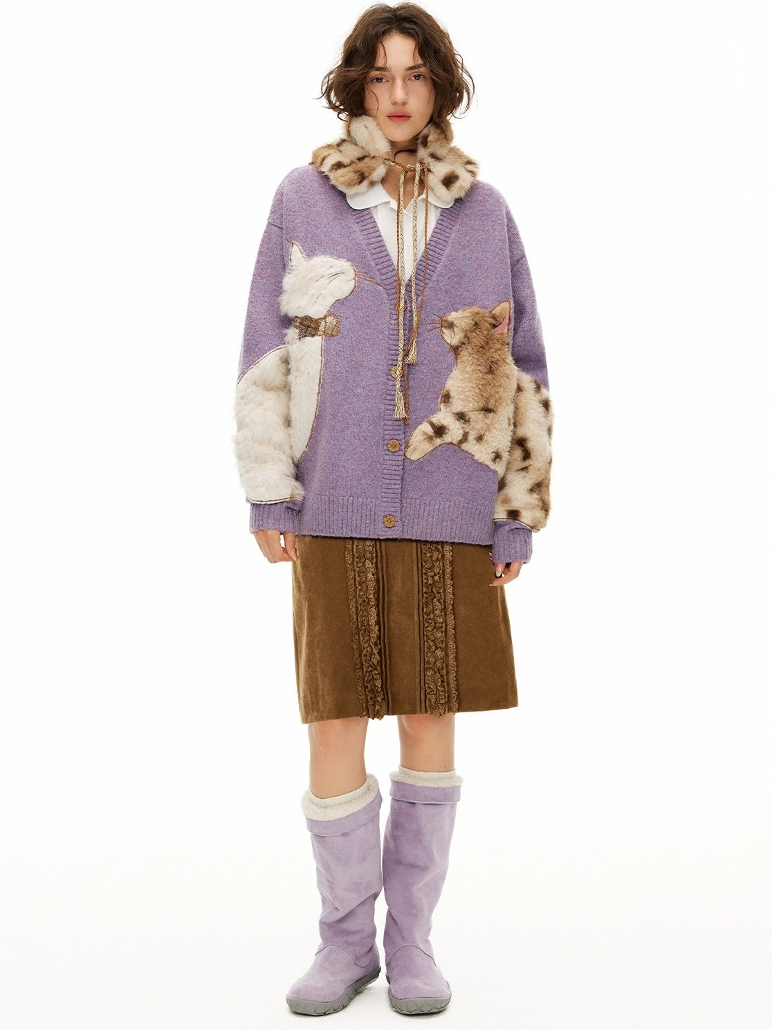 OuttheBlue Cozy Thick Embroidered Casual Loose Cardigan Taro Purple Wool Blend Sweater