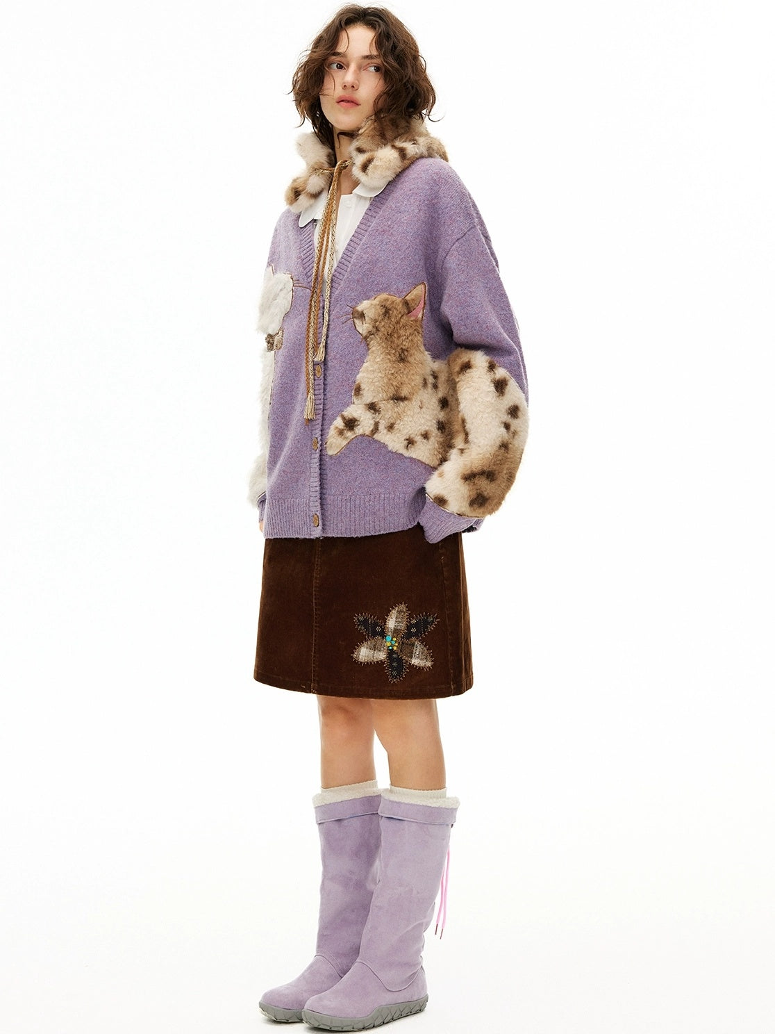 OuttheBlue Cozy Thick Embroidered Casual Loose Cardigan Taro Purple Wool Blend Sweater