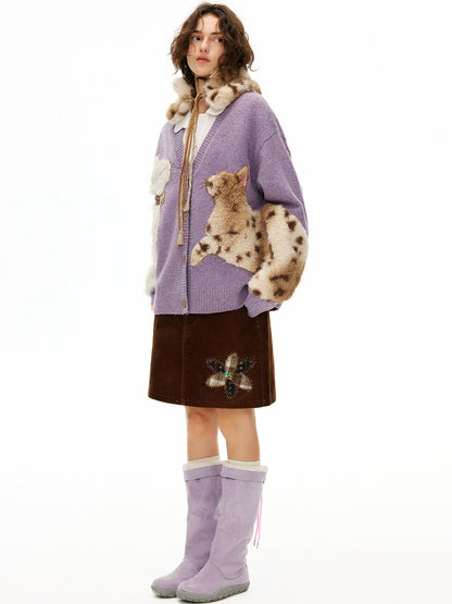 OuttheBlue Cozy Thick Embroidered Casual Loose Cardigan Taro Purple Wool Blend Sweater