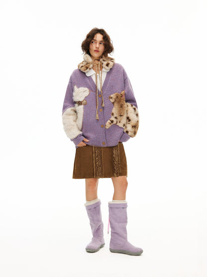 OuttheBlue Cozy Thick Embroidered Casual Loose Cardigan Taro Purple Wool Blend Sweater