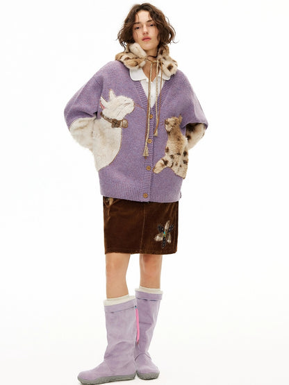 OuttheBlue Cozy Thick Embroidered Casual Loose Cardigan Taro Purple Wool Blend Sweater