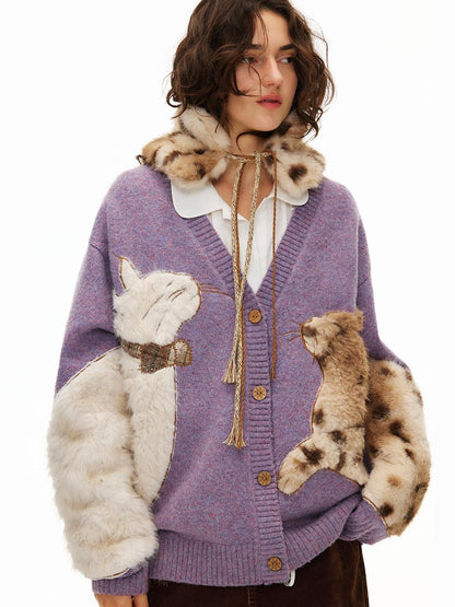 OuttheBlue Cozy Thick Embroidered Casual Loose Cardigan Taro Purple Wool Blend Sweater