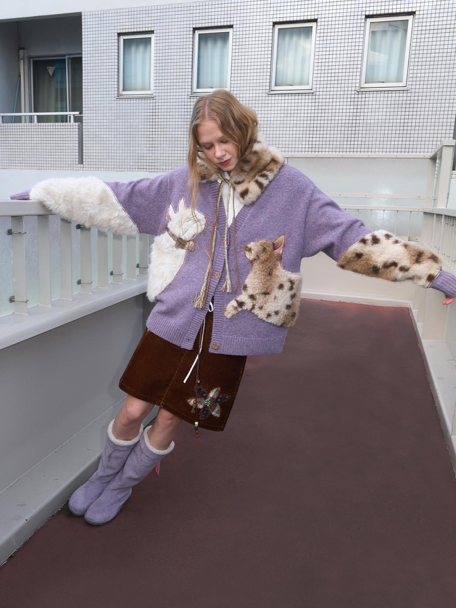 OuttheBlue Cozy Thick Embroidered Casual Loose Cardigan Taro Purple Wool Blend Sweater