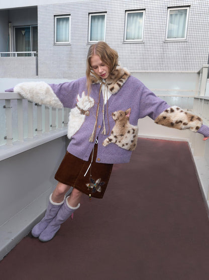 OuttheBlue Cozy Thick Embroidered Casual Loose Cardigan Taro Purple Wool Blend Sweater